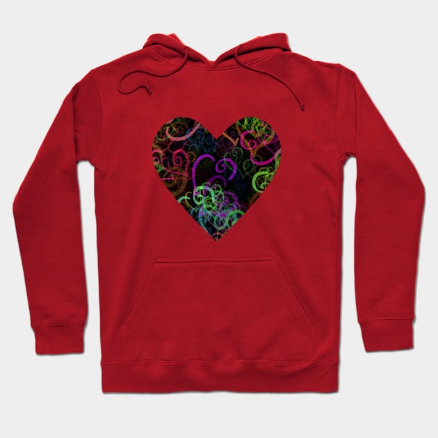 Crazy Vivid Color Curvy Hearts Shapes on Black Hoodie by SeaChangeDesign